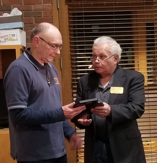 ILNA President Jim Paicz gives Bill Birk Oak Forest Numismatic Society's President the ILNA Ralph Winquits Life Time Achivement Award